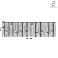 Technische Darstellung eines Bambusteppichs mit extra breiten, 50 mm starken Bambuslamellen und den Maßen 60 × 240 cm. Die Skizze zeigt die natürliche Struktur und Anordnung der einzelnen Bambusstege; oben rechts DE-COmmerce-Logo.