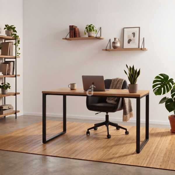 Natürlicher Bambusteppich in warmem Naturbraun unter einem modernen Schreibtisch in einem hellen, stilvoll eingerichteten Homeoffice.