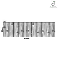Technische Darstellung eines Bambusteppichs mit extra breiten, 50 mm starken Bambuslamellen und den Maßen 80 × 300 cm. Die Skizze zeigt die natürliche Struktur und Anordnung der einzelnen Bambusstege; oben rechts DE-COmmerce-Logo.
