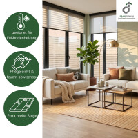 Helles, modernes Wohnzimmer mit einem Bambusteppich in natürlicher Holzoptik. Der Teppich eignet sich für Fußbodenheizungen, ist pflegeleicht und feucht abwischbar. Extra breite Bambusstege sorgen für eine hochwertige Optik; oben rechts das DE-COmmerce Logo.