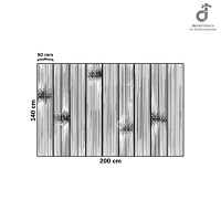 Technische Darstellung eines Bambusteppichs mit extra breiten, 50 mm starken Bambuslamellen und den Maßen 140 × 200 cm. Die Skizze zeigt die natürliche Struktur und Anordnung der einzelnen Bambusstege; oben rechts DE-COmmerce-Logo.