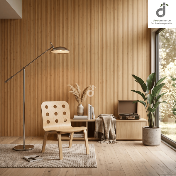 Bambusteppich MASSIVE Wunschmaß in verschiedenen Farbvarianten, präsentiert in einem modernen Wohnzimmer. Der Teppich besteht aus natürlichen Bambusstreifen und ist in sechs Farben erhältlich: Natur, Schwarz, Rot, Dunkelbraun, Hellbraun und Beige. Die glatte, langlebige Oberfläche passt ideal zu minimalistischen und zeitgenössischen Einrichtungsstilen.