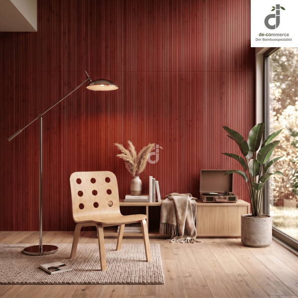 Bambusteppich MASSIVE Wunschmaß in verschiedenen Farbvarianten, präsentiert in einem modernen Wohnzimmer. Der Teppich besteht aus natürlichen Bambusstreifen und ist in sechs Farben erhältlich: Natur, Schwarz, Rot, Dunkelbraun, Hellbraun und Beige. Die glatte, langlebige Oberfläche passt ideal zu minimalistischen und zeitgenössischen Einrichtungsstilen.