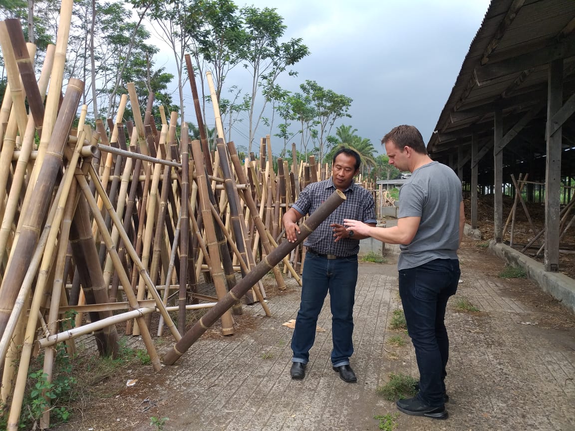 Bild zeigt zwei DE-COmmerce Mitarbeiter bei einen Qualitätscheck der Bambusrohre in Indonesien
